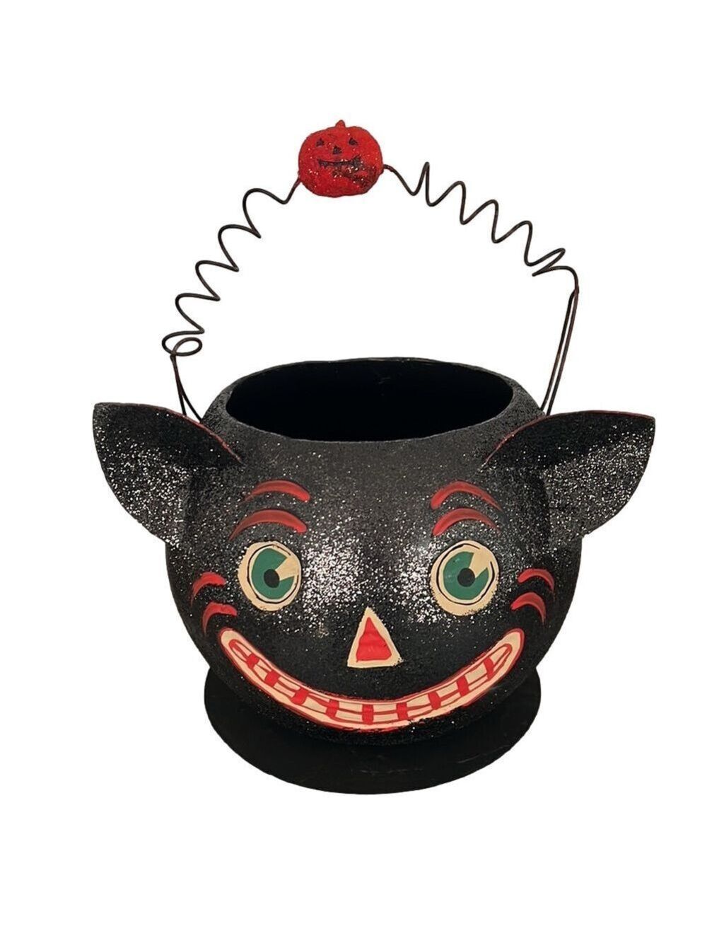 Dept 56 Paper Mache Spooky Black Cat Halloween Bucket Basket Glitter Pail Wire
